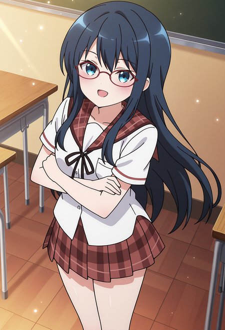 highres, best quality, masterpiece, classroom,
anime screencap,
1girl, solo, gochirep, dark blue hair, long hair, blue eyes, glasses, red eyewear,
school uniform, sailor collar, black ribbon, short sleeves, white shirt, plaid skirt, red skirt, brown skirt, thighs, untucked shirt,
looking at viewer, blush, smile,
from above, crossed arms, open mouth, standing, light particles, 
<lora:_class_rep_gochiusa-elesico-ilxlB:1>