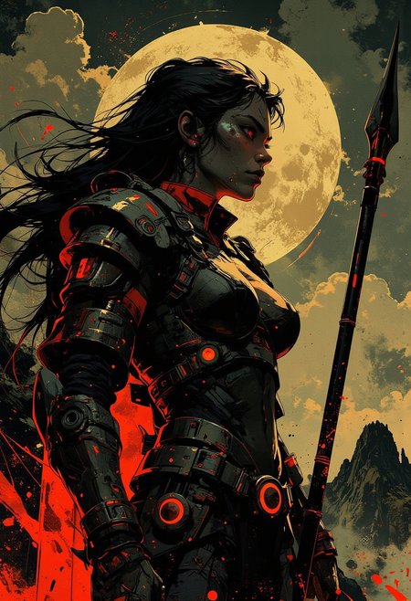 in the style of ck-mgs, nistyle, Inkplash art on rice paper, sepia, henna, Silhouette Art, magnificent, inksplash, closeup portrait, female spartan warrior, large breasts, toned arms, flowing black hair, reflective black and neon red armor, armor, large breasts, holding a spear, abstract background suggesting a mountain top, overlooking a village in a valley, midnight atmosphere, moonlight, moon rays, night, Cowboy Shot, close up,