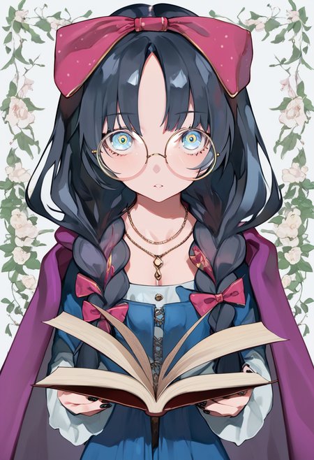 score_9, score_8_up, score_7_up, score_6_up, <lora:LAMXL_Js2_lokr_V4302:0.95> 1girl, solo, book, glasses, twin braids, looking at viewer, braid, dress, bow, holding, long hair, hair bow, open book, jewelry, black hair, blue eyes, necklace, cape, blue dress, holding book, round eyewear, parted lips, long sleeves, nail polish, hair ribbon, ribbon, parted bangs, purple cape, multicolored hair, twintails, black nails