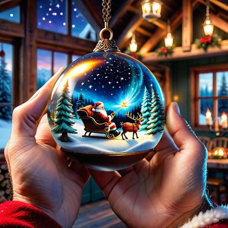 Inside of a wood fire lit lodge, photo shot of a hand holding a magical pendant that contains Santa claus riding his sleigh in the sky on a stary night, holded by one hand by its chain, cozyt lodge decorated for christmas background, masterpiece, hyper-realistic,, world inside a glass sphere, UHD, 8K, HDR, highly detailed