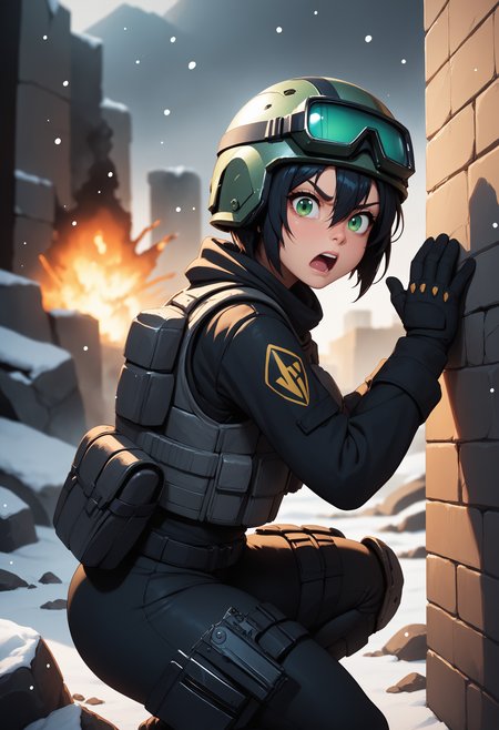 score_9, score_8_up, score_7_up BREAK 1girl, solo,  helmet, goggles on head, military uniform, soldier, (black clothes:1.2), bulletproof vest, black pants, snow,against surface, against wall, rock, hiding, upper body, green eyes, short hair, hair between eyes, shouting, open mouth, (angry:0.8) hand up, holding gun, handgun, strike force, snowing, beckoning, from side, squatting, thigh holster, looking at viewer, curvy, thick thighs, gesture, breasts, impossible clothes, smoke, debris, rubble, city ruins, destruction,battle, pov, upper body, cover, explosion, depth of field,