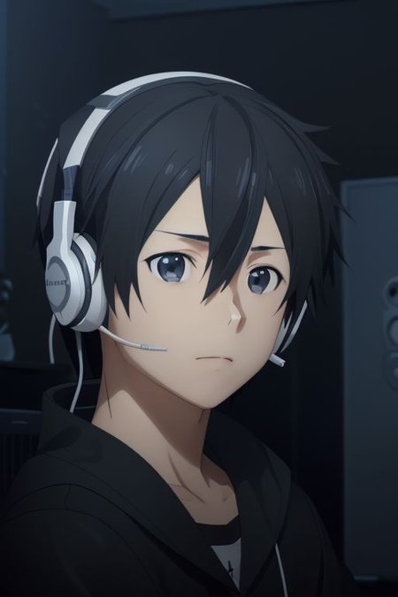 high resolution, solo, best quality, 1Boy, Kazuto Kirigaya, portraits, Black Hair, Black Eyes, gamer, bedroom, night, pc, sit, headset, portrait, OverallDetail