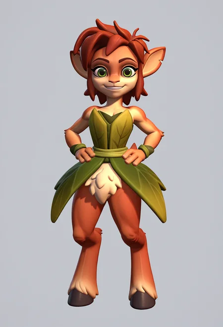 score_9, score_8_up, score_7_up, score_6_up, score_5_up, score_4_up, BREAK, source_anime,
1girl, elora, faun \(spyro\), red hair, mammal, anthro, deer, green eyes, leaf dress, hooves,
hands on hips, happy, standing, full body, looking at viewer, solo, simple background, white background
 <lora:EloraXL:1>