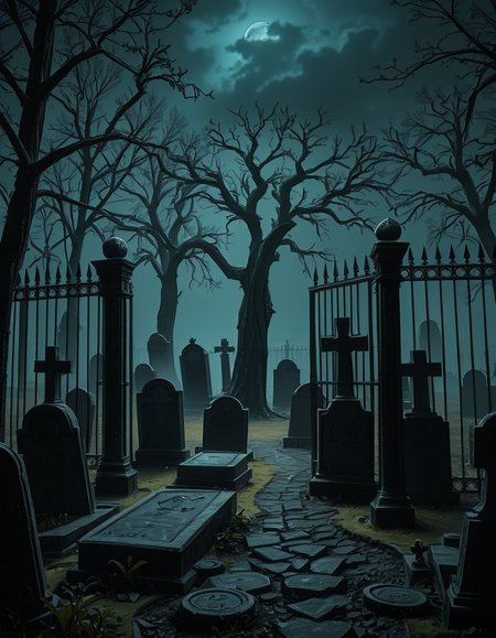 A dark and eerie cemetery shrouded in mist, with ancient, weathered tombstones covered in moss. The scene is dimly lit by a pale, ghostly moonlight filtering through twisted, leafless trees. Cracked stone pathways lead through the graveyard, partially hidden by overgrown grass and creeping ivy. A few old, gothic-style mausoleums stand in the background, their iron gates slightly ajar, adding to the mysterious and haunting atmosphere. Wisps of fog swirl around the gravestones, enhancing the eerie mood. The overall color palette consists of deep blues, grays, and muted greens, creating a cold and unsettling ambiance. The image is highly detailed and photorealistic, capturing the textures of the aged stone, the fogâs movement, and the ominous shadows stretching across the ground. 
<lora:SDXLFaeTastic2400:0.4> <lora:extremely_detailed:0.4> extremely detailed,<lora:33r13_c3m3t3ry-ill:1>,33r13 c3m3t3ry, Masterpiece,best quality,hi res,8k,hi res,8k,award winning,(sharp focus, intricate, highly detailed),