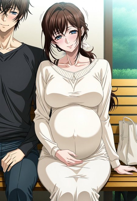 masterpiece, best quality, newest, highres, uncensored, 1girl, yokota mamoru style,1girl, slender face，motion lines,blush,torogao,looking at the viewer,seductive smile
Asai Sayaka,Brown Hair, Ponytail,Blue Eyes,Medium Breasts, Slim,long hair
1girl,solo
pregnant, 1girl, family, 1boy, mature female, bench, blush, smile, bag, sitting