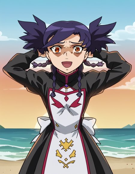 score_9, score_8_up, score_7_up, source_anime, <lora:nina-wang-s1-ponyxl-lora-nochekaiser:1>, nina wang, bangs, twintails, purple hair, braid, twin braids, orange eyes, anime screencap,, long sleeves, dress, jewelry, earrings, puffy sleeves, black dress, juliet sleeves,, beach, sunset, walking along shore, footprints in sand, waves, peaceful, smile, <lora:shocked-black-guy-ponyxl-lora-nochekaiser:1> shocked black guy, open mouth, looking at viewer, hands behind head, shaded face,, looking at viewer, solo,, dutch angle, cowboy shot