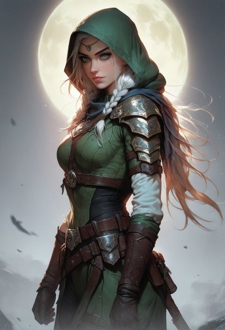 score_9, score_8_up, score_7_up, score_6_up, 1 girl, solo, the portrait of an elf ranger, a young elf woman in dark green armour, elf, girl, standing upright, ranger, archer, huntress, gorgeous, wild aura, mystic aura, detailed, realistic, background is a dark thick wood, full moon on the background, many details, the cloak of ranger is a white wolf pelt, hood is a wol'f head, The style is ethereal and artistic, soft lighting and shadows, cinematic warm lighting, cowboy shot, white long hair, braids, black runic tattoos, viking outfit, green beatiful eyes, pale skin