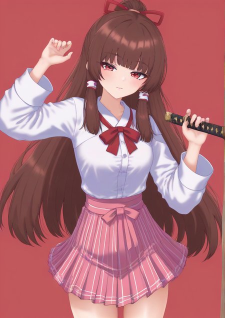 1girl,arm up, blunt bangs, bow, brown hair, closed mouth, expressionless, eyes visible through hair, field of blades, fisheye, foot out of frame, frilled bow, frilled hair tubes, frills, geta, hair bow, hair tubes, hakama, hakama skirt, hat, holding, holding sword, holding weapon, japanese clothes, katana, long hair, long sleeves, looking at viewer, miko, pink skirt, planted, planted sword, ponytail, red background, red bow, red eyes, rice hat, shirt, skirt, solo, sword, weapon, white shirt <lora:oldsickkim:1> zPDXL3
