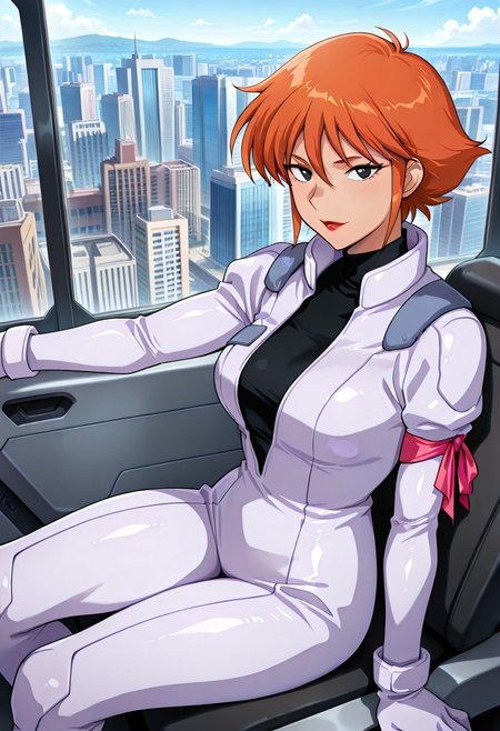((masterpiece, absurdres)), best quality, amazing quality, newest, 4k, anime coloring, very aesthetic, ray tracing, Smooth Quality, CG, city view,helen, brown skin ,1 female, orange hair, short hair, black eyes, red lips, pilotsuit, turtleneck t-shirt, arm ribbon,sitting
