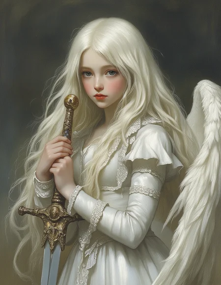 ultra high quality, very detailed, realistic scenery, ultra high quality, very detailed, Oil Painting of a fragile skinny teen female angel wearing 1500s white plate mail armor and holding a longsword with a glowing glass blade, She has flowing white hair, blue eyes, white eyebrows, white eyelashes, and has large feathery angel wings on her back. She has a serene expression on her face and seems to be utterly at peace.  Close up, petite body, thin waisted, white skin, red lips, ultra detailed, romantic, Rembrandt lighting, brush strokes, warm light, magic, extremely coherent, cute, beautiful, cinematic, stunning, intricate, wonderful, lovely, del1cate_balance style, in the style of Rembrandt. FS, novuschroma, vantablack <lora:style_of_Rembrandt_FLUX_135:.8> <lora:- Flux1 - vanta_black_V2.0:.6>  <lora:Delicate_Balance:.3> <lora:neeeg_f1:-1> <lora:113_novuschromaFLX_1:.3> <lora:Midjourney_Whisper_Minimal:.3> <lora:DnDDarkestFantasy:.8> <lora:FS_v2:.4>