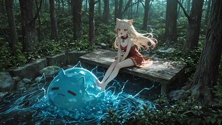slime_(creature), motion_blur:1.1, stomacher, ledge), farthingale, magic glowing aura, masterpiece, absurdres, very aesthetic, depth of field, long hair, Megumin (KonoSuba), 2girls, ruff_collar, blurry foreground, 8K, elizabethan_gown, cat_ears, Forest where the atmosphere is breathable water (surreal)., HDR, nail_polish, amazing quality, ambient occlusion, pearls, atmospheric perspective, ultra-detailed, slime_(creature), Sitting on edge (bench, motion_lines:1.1, newest, barefoot, medium breasts, anime character, absolutely eye-catching, dark skin, Ombré tips hair, Beige Theme, best quality, ice queen, Lightning, Streaked hair, moaning