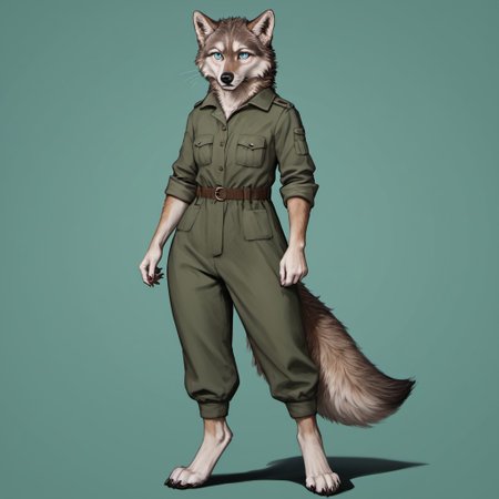 score_9, score_8_up, score_7_up, source_furry, detailed face, detailed eyes, incredible detail BREAK 1girl, solo, anthro, wide shot (furry female, wolf, light brown fur, monotone fur, light blue eyes,slightly wide hips, small breasts), black nose, whiskers, ear flop, solo, looking at viewer, simple background, green background, full body, hunter outfit, archer outfit, shy pose