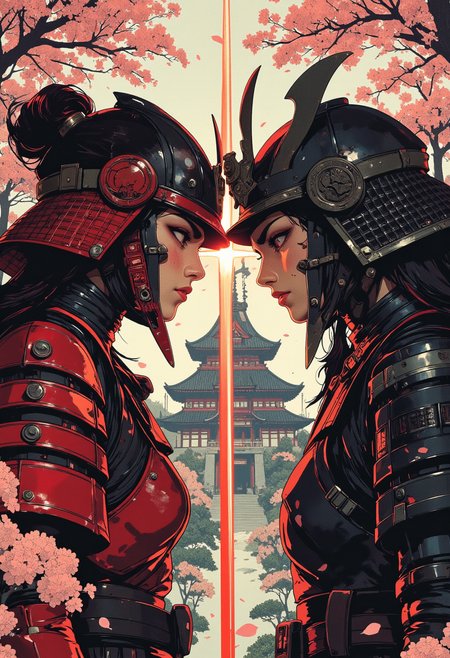Image is an over the shoulder, extreme close up shot digital fantasy artwork featuring two female samurai characters fighting. Both are clad in heavy samurai armor. One armor is red and the other armor is black. There katanas clashing up near their faces. The background is of the inside of a beautiful japanese castle, cherry blossom trees, japanese garden,