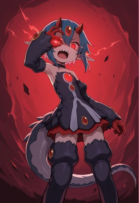 1girl, solo, monster girl, short hair, blue hair, red eyes, horns, forehead jewel, slit pupils, pointy ears, short dress, detached sleeves, claws, thigh boots, angry, roaring, open mouth, sharp teeth, looking at viewer, covering one eye, glowing eyes, flaming eyes, dragon tail<lora:desco_disgaea:0.8> <lora:akihito2rep:1>, masterpiece, best quality, amazing quality, very aesthetic, absurdres, highres, newest