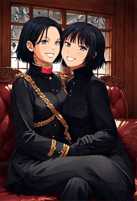 black hair, girl, black military uniform, indoors, sitting, sofa, smile, black cat on lap, side view, detailed background, window,