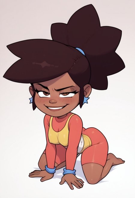 Score_9, score_8_up, score_7_up, source_anime, cartoon, flat colors, explicit, andy-1nv1n-f1ght, 1girl, solo, dark skin, dark-skinned female, brown eyes, perfect eyes, on all fours, ponytail, smug, cute, brown hair, black hair, large breasts, thick thighs, wide hips, short body, shortstack,