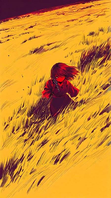 masterpiece, newest,absurdres,incredibly absurdres, best quality, amazing quality, very aesthetic, 
1girl, walking through dry tall grass, intense gaze,pinafore dress, long layered copper hair, side braid with threads, wind, crimson theme, sand theme, obsidian theme, amber hue, yellow hue, sharp light from low sun, dust in air, rugged horizon,
<lora:0__11Xx:1> 0__11Xx_illu <lora:KonYa666:1> kony4666