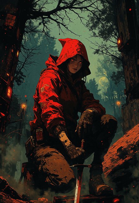 A mature, alluring Red Riding Hood with deep red cloak and hood, crouched low, hiding among dense, dark trees and thick shadows. Her face is partially obscured by the hood, revealing only piercing, cautious eyes. The forest around her is dark and twisted, with gnarled trees and thick, misty fog. Subtle moonlight filters through the branches, casting eerie shadows. She holds a small dagger tightly, poised, prepared, as if sensing danger lurking nearby. The atmosphere is tense and mysterious, with hints of the supernatural in the background.   <lora:CPA:0.83> <lora:Luminous_Shadowscape-000016:0.63> <lora:RetroAnimeFluxV1:0.53> <lora:FLUX-daubrez-DB4RZ:0.33> DB4RZ, DB4RZ style painting,