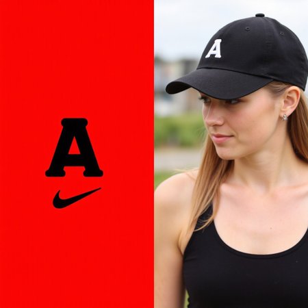This pair of images showcases the sporty and stylish branding of a casual headwear company; [IMAGE1] the logo consists of a bold letter âAâ in blocky, italicized font, with a swoosh detail below it, set on a vibrant red background; [IMAGE2] the design is applied to a fitted sports cap in black with the logo embroidered in white, worn by a blonde woman in athletic attire, the image tightly focused on her upper body against a blurred outdoor background, emphasizing the capâs modern and versatile appeal