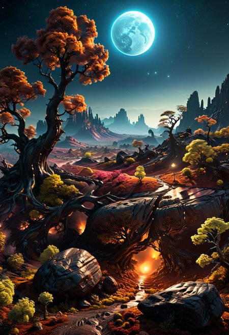 Landscape of a dark far away planet, rock and organic soil, glowing trees, UHD, masterpiece, trending on artstation, sharp focus, studio photo, intricate details, highly detailed, by greg rutkowski<lora:xl_more_art-full_v1:0.5>