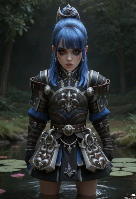 masterpiece, best quality, highly detailed, score_9, score_8_up, score_7_up, score_6_up, aroused moan, expressive, pretty lustful 20yo girl, petite, slender body, full lips, long blue hair, blunt bangs, sidelocks, black armor, standing beside a pond, heavy makeup, barefoot, cute feet, tight squeezed outfit, punker accessories, evoking moan, conveying moans, parted lips, gasping