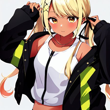 kaminari qpi,solo,1girl,<lora:kaminari qpi:0.9>,brond hair,dark-skinned,twin tail,half off jacket