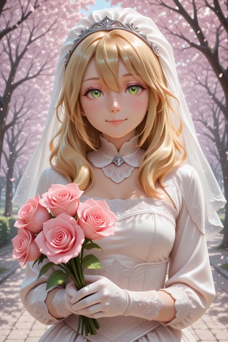 masterpiece, best quality, amazing quality, 1girl, solo, makeup, general, looking at viewer, blush, serene smile, outdoors, under the cherry blossoms tree, fantasy village, upper body, white veil, bridal veil, rose decorations, laced gloves, wedding dress, holding bouquet, (confetti), white dress, holding bouquet, (confetti:1.1), (fantasy), <lora:RF5_Alice:1>, RF5_Alice, long hair, blonde hair, green eyes, hair between eyes, breasts, <lora:wai-2Rectified-V140:1>, <lora:Illustrious_-_Refiner:1>