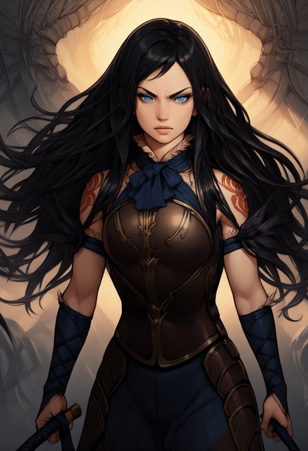 score_9, score_8_up, score_7_up, BREAK, score_9,  <lora:pony_good_hands:1> , <lora:whip:1>, <lora:shanoa:1> shanoa, long hair, black hair, blue eyes, tattoo, holding whip, fighting stance