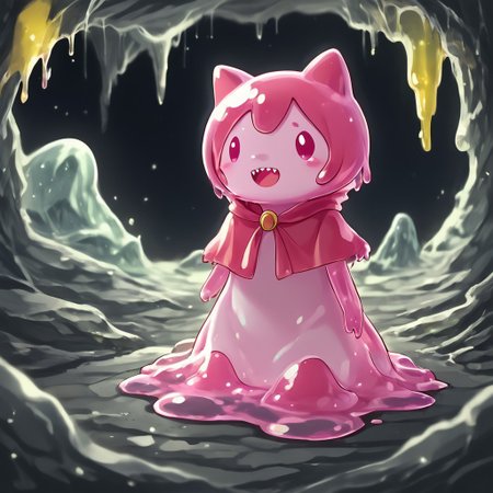 In a cave showing light above,sl1m3d,slime-morph,Mymelomade out of slime, anthro, 1female,hooded capelet, pink ears,solo,opened mouth  vary wide showing sharp super sharp teeth way,beautiful,high-quality,