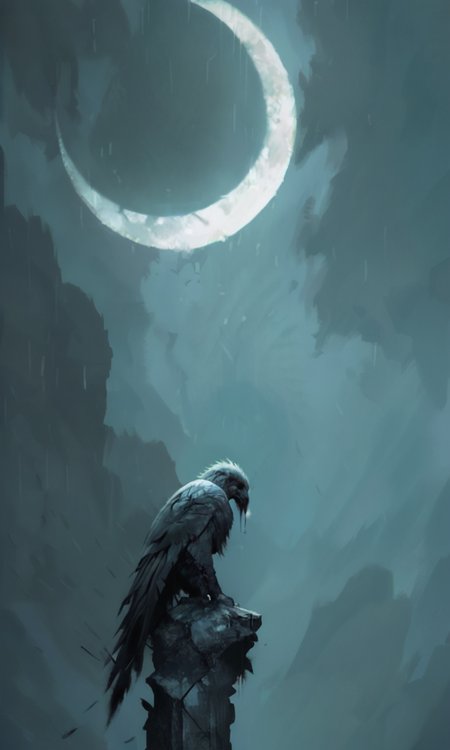 A digital painting of a lone eagle perched on a rock gazing at a glowing crescent moon against a dark misty sky. The scene exudes a mystical ethereal atmosphere with soft diffused lighting..<lora:- NAI - PdJ_highres_counterweight_V.2.0-step00021000:0.5>   <lora:- NAI - ac_illustration_V1.0-step00011000:.8>