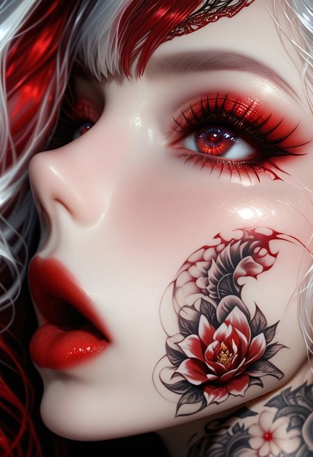 safe_pos, score_9, score_8_up, score_7_up, rating_questionable, rating_explicit, nsfw, uncensored, /BREAK/ red flames, petite body girl 18 years old, (pointy ears:0.8), long hair, (white hair), red garnet colored eyes, big fake breasts, up body, tattoos, tattoo, black, silver, /BREAK/ hyper detailed, ultra detailed, hight resolution textures, masterpiece, best quality, 32K UHD, Expressiveh, t4ts, epiCRealism, CXP Style, ArsMJStyle, Art Deco, 