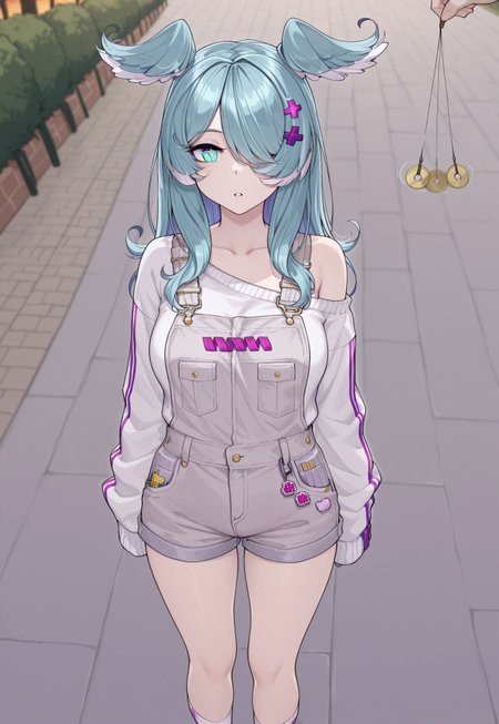 masterpiece, best quality, stmasterstyle, (((1girl))), solo,

((niji-pendora,large breasts,heterochromia,green eye,symbol pupils,@_@, glowing eyes,blue-green hair,streaked hair,head wings,long hair,hair ornament,x hair ornament,hair over one eye,covered one eye, niji-pendoracos1,grey overalls,short overalls,white sweater,long sleeves,sleeves past fingers,sleeves past wrists,single off shoulder,white socks,short socks,))

(hypnosis, pendulum, looking at pendulum, infront of head, looking at viewer), face focus, aroused, parted lips,

outdoors, park cafe background, evening time,
