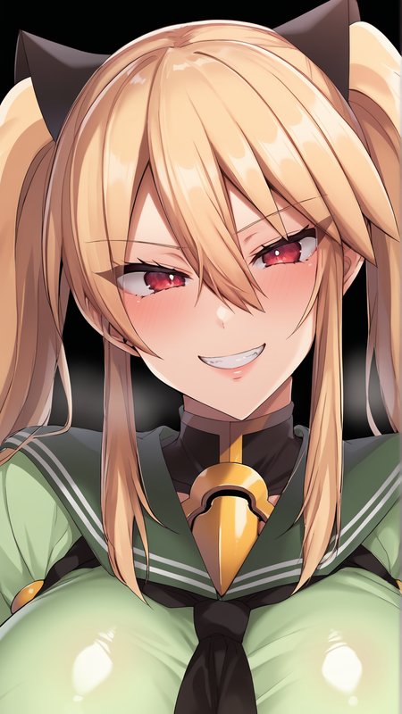 score_9, score_8_up, score_7_up, BREAK (source_anime:1.2), best quality, masterpiece, ultra detailed,unreal engine 5,8k,studio lighting,ultra realistic background,upper body, 
 1girl,solo,evil smile , oiled_skin, BREAK,
shiny clothes,green serafuku,  
 <lora:JKmiya_xl:1> jkmiya, long hair, huge breasts, hair between eyes, twintails,blonde hair,red eyes,
standing,
