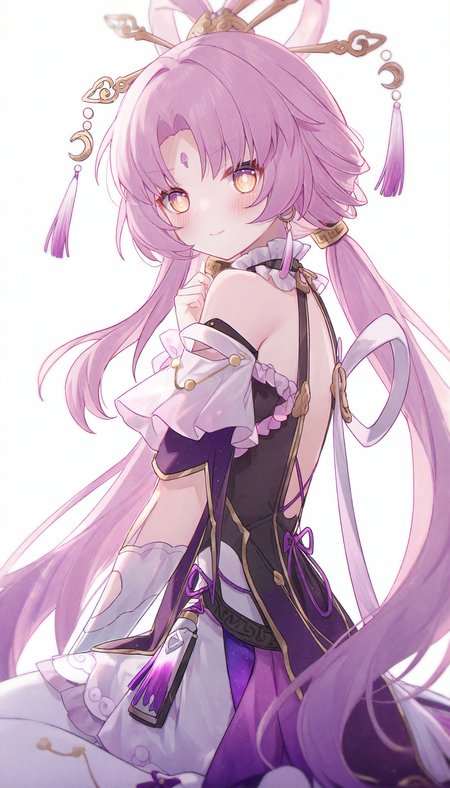 1girl, fu xuan \(honkai: star rail\), 
solo, from side, white pantyhose, tassel, closed mouth, bare shoulders, parted bangs, blush, looking at viewer, hand up, pink hair, back cutout, jewelry, detached sleeves, hair ornament, wariza, very awa-less dress, clothing cutout, frilled sleeves, sitting, bow, sidelocks, bright pupils, ribbon-trimmed sleeves, necklace, smile, dress, tassel hair ornament, white background, yellow eyes, frills, facial mark, simple background, white pupils, ribbon trim, backlighting, pantyhose, twintails, backless outfit, long hair, forehead mark, low twintails,
masterpiece, best quality, newest, absurdres, highres
 <lora:sei3_noob1.1-000200:0.9>