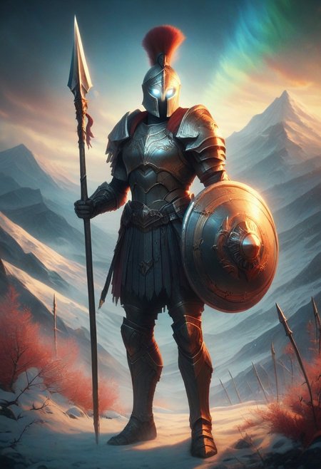 score_9, score_8_up, score_7_up, Spear Warrior, holding spear, Spartan with helmet and armor.  Glowing eyes, mountains, snowy