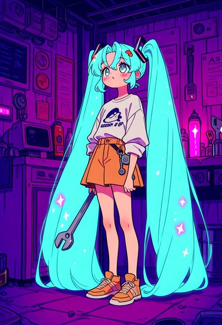 cute, simple illustration of a cute miku22, absurdly long hair,aqua hair,twintails,hair ornament,sidelocks,hair between eyes,parted bangs,aqua eyes,
 big smile, wrench, a vintage rock band t-shirt, short skirt , sleeves rolled up. side view, looking away, focus on face, Standing in a futuristic mechanic's workshop filled with glowing tools, hovering drones, and sleek machinery, score_9, score_8_up, score_7_up, source_anime,  cute, style:1.1, VPAR