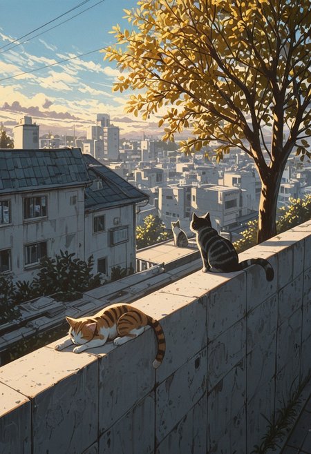 multiple cats, domestic cat, four cats, orange tabby cat, calico cat, black tabby cat, white tabby cat, striped kitten,
on rooftop, sitting in a row, back view, tail hanging down, tail down,
sunny day, soft shadows, warm lighting, vibrant colors, slice of life, serene_mood,
bluesky, white clouds, urban rooftop, concrete wall, plants in foreground, tree, open air, peaceful afternoon,   
masterpiece, amazing quality, best quality, scenery, painterly, anime coloring