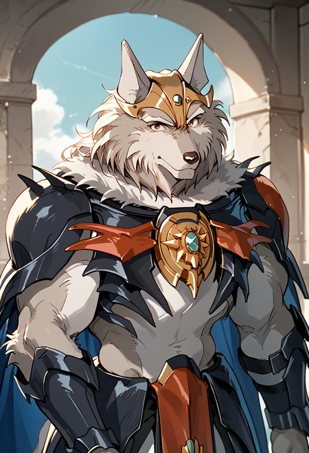 score_9, score_8_up, score_7_up, depth of field, best quality, high res, greyfus, <lora:Greyfus_Wild_Knights_Gulkeeva:1>, <lora:add-detail-xl:1>, BREAK
furry, 1boy, solo, muscular, cape, armor, looking at viewer