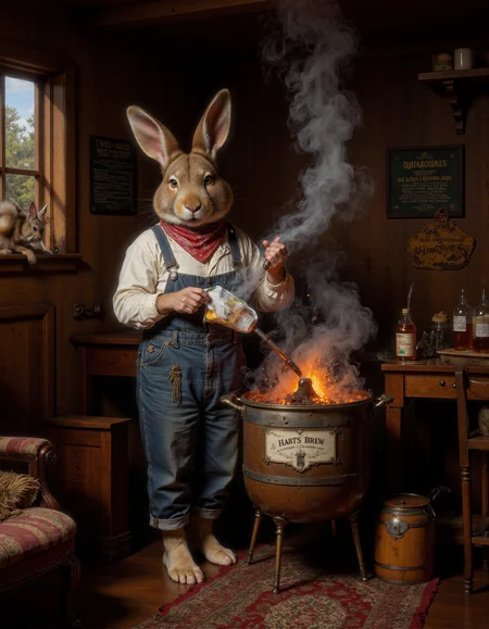 full body shot of Rembrandt style <lora:antr:1>, A comical scene of a mischievous anthropomorphic rabbit running an illegal moonshine still in a cozy woodland cottage. The rabbit is wearing overalls and a bandana, with oversized ears peeking out from under a tilted hat. Itâs furiously stirring a bubbling pot on a homemade stove rigged with copper pipes and barrels, while bottles labeled 'Hareâs Brew' and 'Forest Fire' are scattered around. Smoke fills the air, setting off a small fire alarm or making the rabbit sneeze hilariously. A nervous squirrel peeks through the window, holding a bag of sugar, as if delivering supplies for the operation. The interior is cluttered but charming, with rustic details like wooden furniture, drying herbs hanging from the ceiling, and humorous signs warning about âhigh-proof hares.â Playful lighting and exaggerated expressions add to the humor . Baroque, chiaroscuro, realistic, emotional, "flat lighting. Whole outfit, clear, sharp, balanced