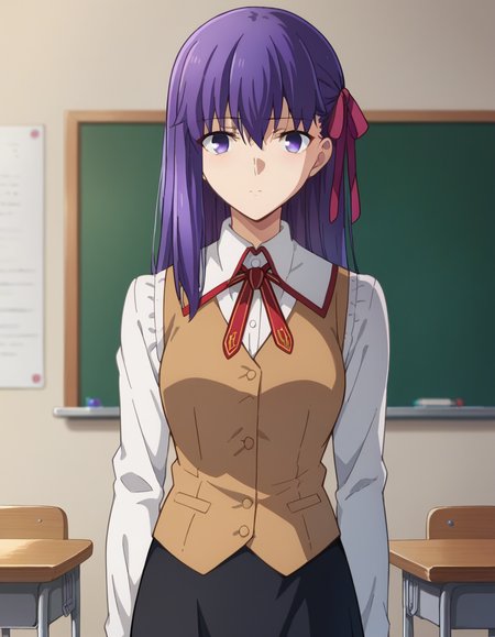 score_9, score_8_up, score_7_up, source_anime,
sakuramatou, <lora:sakura-matou-hf-ponyxl-lora-nochekaiser:1>,
sakura matou, long hair, purple eyes, purple hair, ribbon, hair ribbon, red ribbon,
shirt, white shirt, collared shirt, long sleeves, neckertie, red neckertie, vest, light brown vest, skirt, black skirt,
indoors, classroom,
looking at viewer, dutch angle, cowboy shot,