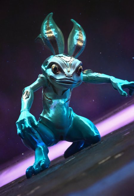 photorealistic, real aesthetic, masterpiece, high quality, Fizz, (League of Legends), action shot, outerspace background, shallow depth of field, detailed background, dynamic angle, volumetric lighting, high resolution
