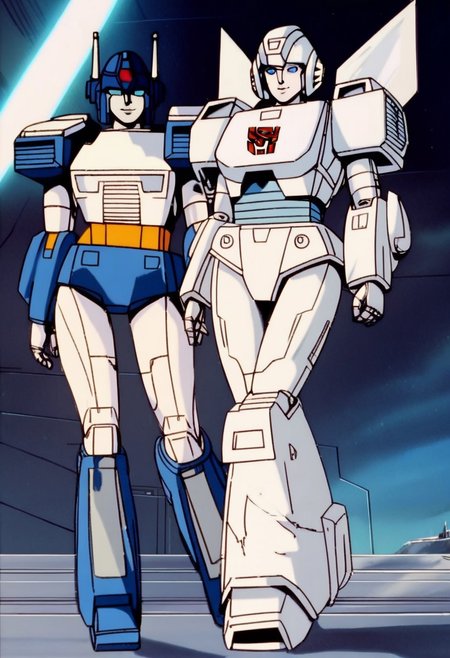 score_9, score_8_up, score_7_up, animation, transformers, 1girl, robot, Decepticon, Tall, slim, Seeker, Starscream glowing eyes, blue eyes, large eyes, circular eyes, white armor, Forard swept wings, transforms into futuristic Stelth Mig Fighter Jet, full body, cowboy shot, smiling, holding null ray blasters, Decepticon Symbol, outer leg armour wrapped around legs (curvy, wider at bottom, knee joint)
 <lora:StarScream1.2:1>