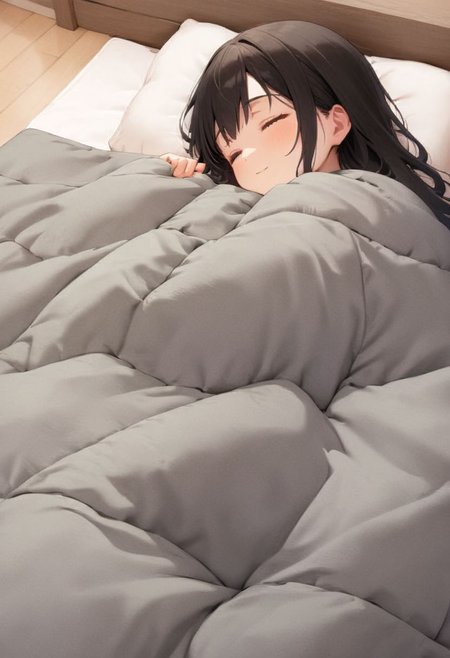 1girl, black hair, long hair, happy, light smile, 
futon, pillow, closed eyes, bed, sleeping, lying, under covers, blanket, 
masterpiece, best quality, ultra-detailed, illustration,
<lora:kakebuton_SDXL_V1:0.8>