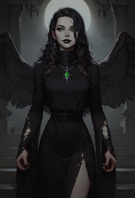 score_9, score_8_up, score_7_up, concept art, realistic, dark theme, perfect quality, masterpiece, highly detailed, dim light, Expressiveh, 4kFacePonyXL, ng_deepnegative_v1_75t,
anatomically perfect, bhands, glowing, neon lights,
portrait, gothic fantasy style, wide gothic grey marble staircase, outdoor scene, 
1girl, 30 years old woman, solo, tall regal figure, slender body, fit athletic body, beautiful face, pale skin, black boots, slightly torn elegant long black robes, thick robes, rags, robes covering body from neck to ankle, black scarf, holes in robe, dark black messy hair with gray streaks, waist length hair, long hair, large sexy eyes, vibrant green eyes, black nail polish, standing at top of the staircase, black wings made of shadow and darkness, black lipstick, soft smile, silver ring with ruby stone, silver diamond earrings, silver necklace with ruby medallion, looking at viewer,