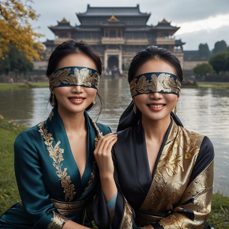 (((dark cinematic still with dark vibes))),one squatting  two asian middle aged women,<lora:JuggerCineXL2:0.7> ,  satin_scarf_blindfold,smile,beautiful eyes,tea,stormy weather,landscape,gleaming diamond palace with golden accents , radiating light, amidst brilliance, glittering professional photography, macro, natural lighting, ,happy,sky,flower ,water,canopy,glitter,luster, (mouth closed)
 <lora:satin_scarf_blindfold:0.7>
<lora:add-detail-xl:1>