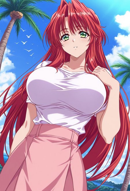 masterpiece, best quality, newest, highres, uncensored, 1girl, yokota mamoru style,1girl,
Himemiya Ayumi,Red Hair,Long hair, Waist Length hair,Green Eyes,Big Breast
1girl, solo, long hair, tree, day, skirt, outdoors, palm tree, from behind, sky, bird, dutch angle, cloud, very long hair,island,only upper body