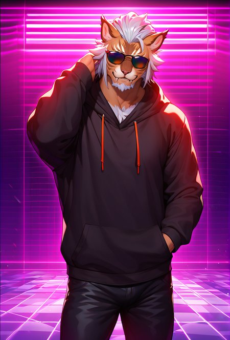 hrothgar, male, solo, (black hoodie),black pant,low light, dramatic lighting, darkness, spotlight, neon, glow, rainbow syntwave, vaporwave, scanlines, dark background,iconic sunglasses, cool, score_9, score_8_up, score_7_up,
 <lora:hrothgar:1>