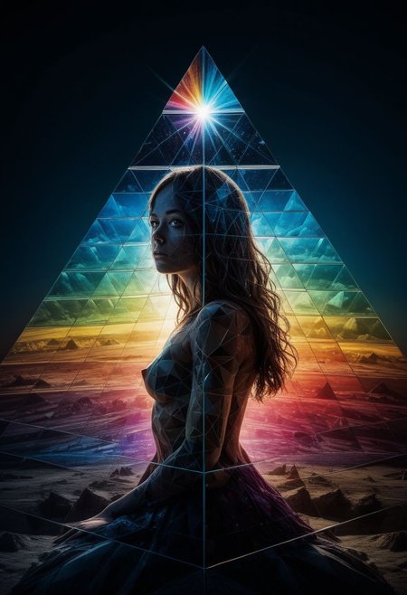 Album cover, mysterious silhouette woman, (light rays, shining on glas pyramid prism, splitting in rainbow colours, dark side of the moon), goddess, alluring, by Minjae Lee, Carne Griffiths, Emily Kell, Steve McCurry, Geoffroy Thoorens, Aaron Horkey, Jordan Grimmer, Greg Rutkowski, amazing depth, double exposure, surreal, geometric patterns, intricately detailed, bokeh,  perfect balanced, deep fine borders, artistic photorealism , smooth,  great masterwork by head of prompt engineering   <lora:add-detail-xl:2>  <lora:Double_Exposure:0.5>