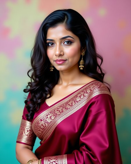 headshot photo of desi woman,candid photo with natural colors, pouting expression on Heart-shaped shaped face,studio quality, wearing intricate conservative long sleeved Maroon Banarasi Silk Saree, curls, pastel shaded multicolored background in island, background bokeh with shallow depth of field<lora:Desis\Flux\DesiCoffee_Flux_Kohya_LoRA_v2.safetensors:0.6:0.6>