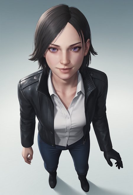 score_9, score_8_up, score_7_up, score_6_up, score_5_up, score_4_up, 1girl, <lora:JuliKidman:0.8> solo, short hair, black hair, violet eyes, lips, jacket, leather jacket, shirt, white shirt, denim, pants, boots, glove, single glove, full body, standing, from above, smile, looking at viewer, 
(light blue background), simple background,
